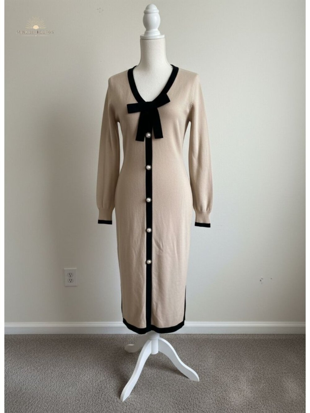 Womens V Neck Sweater Dress Bodycon Button Bow Midi Knit Dress